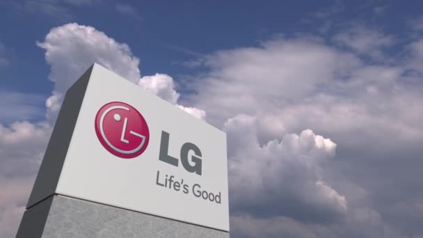 Logo LG egy stand ellen felhős ég, szerkesztői animáció — Stock videók