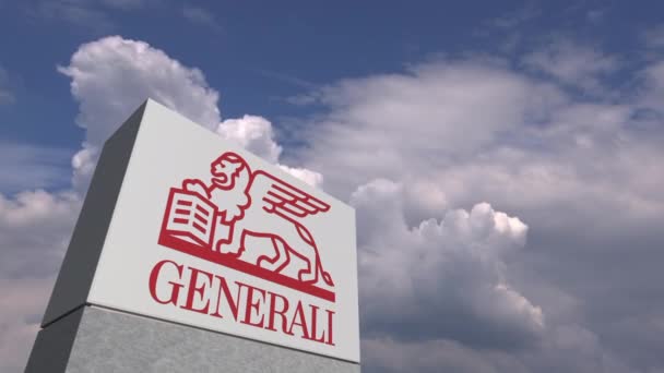 Logo van Generali op een stand tegen bewolkte hemel, redactionele animatie — Stockvideo