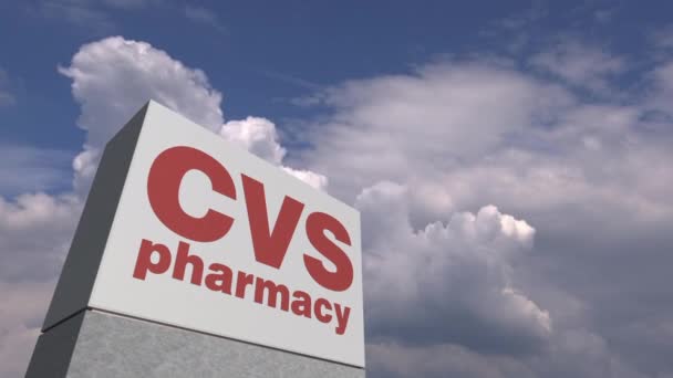 Logo de CVS PHARMACY sobre fondo celeste, animación editorial — Vídeo de stock