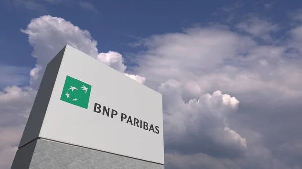 Logo von bnp paribas auf einem Stand gegen bewölkten Himmel, redaktionelle 3D-Darstellung — Stockfoto