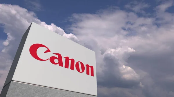 Logo CANON sobre fondo cielo, representación editorial 3D — Foto de Stock