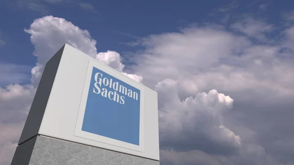 Logo typ för Goldman Sachs på ett stativ mot molnigt himmel, redaktionella 3D-rendering — Stockfoto