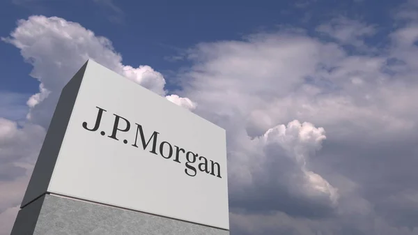 标志的 Jpmorgan 在一个展台反对多云的天空, 社论3d 渲染 — 图库照片