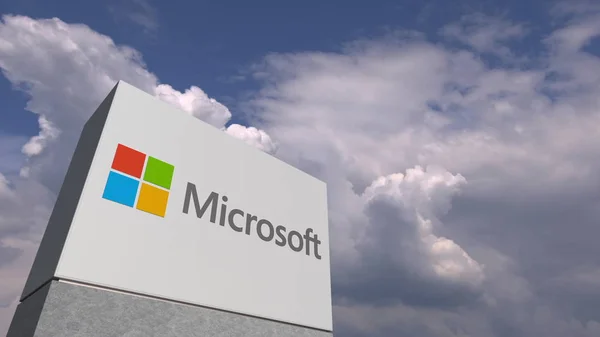 Logo firmy Microsoft na tle nieba, redakcyjne renderowanie 3D — Zdjęcie stockowe