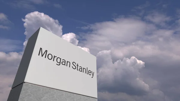 Logo van Morgan Stanley op een stand tegen bewolkte hemel, redactionele 3D rendering — Stockfoto