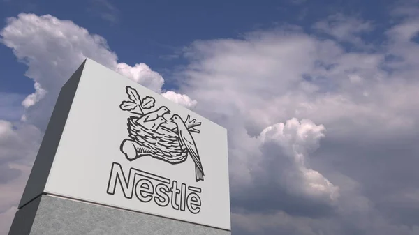 Logotipo NESTLE contra el fondo del cielo, representación editorial 3D —  Fotos de Stock