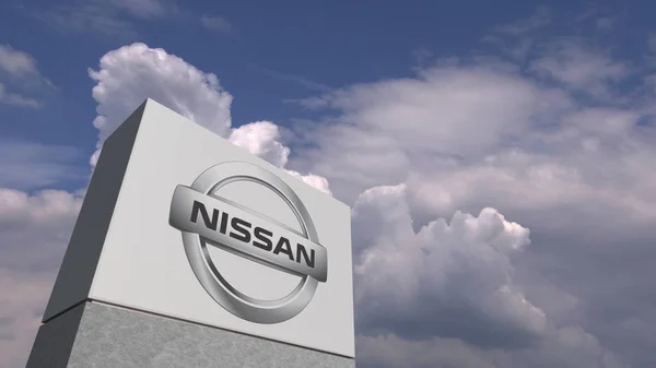 Logo von Nissan auf einem Stand gegen bewölkten Himmel, Editorial 3D Rendering — Stockfoto