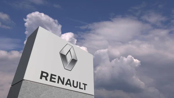 Logo di RENAULT su uno stand contro cielo nuvoloso, rendering editoriale 3D — Foto Stock