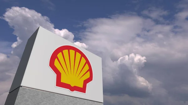 Λογότυπο Shell στο φόντο του ουρανού, σύνταξη 3D απόδοση — Φωτογραφία Αρχείου