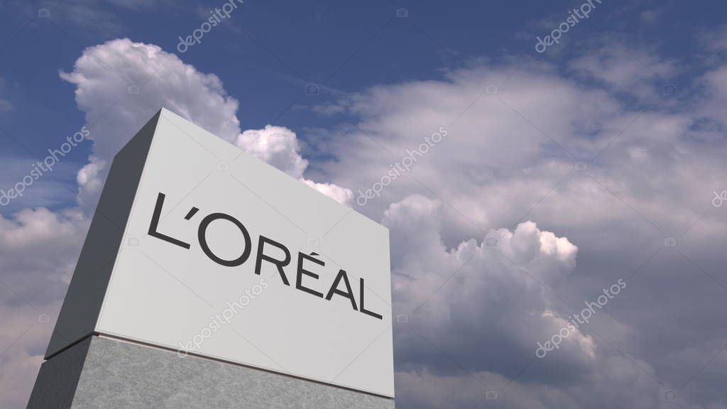 Company logo made against sky background, conceptual editorial 3D