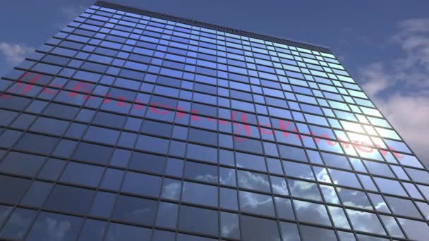 Logotipo de JOHNSON Y JOHNSON en una fachada mediática con cielo nublado reflectante, animación editorial — Vídeo de stock