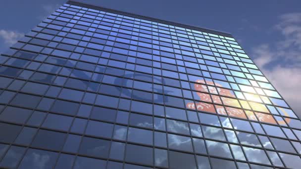 Logo van ING op een mediafaçade met reflecterende bewolkte lucht, redactionele animatie — Stockvideo