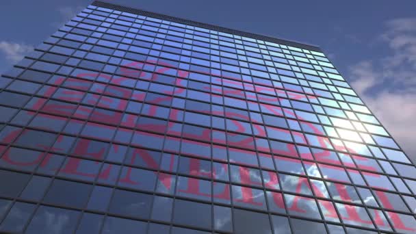 Logo of GENERALI on a media facade with reflecting cloudy sky, editorial animation — Stock Video