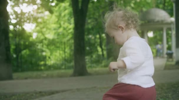 Little blonde baby girl walks in the park on a summer day — Stock Video