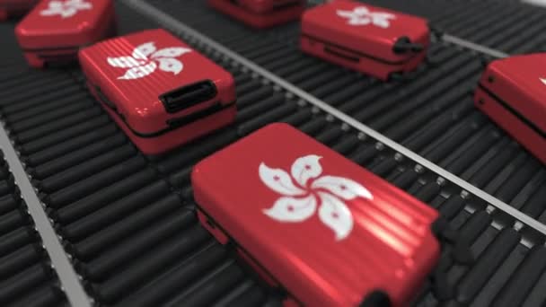 De nombreuses valises de voyage portant le drapeau de Hong Kong. Tourisme animation conceptuelle — Video
