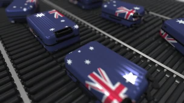 Sok utazási bőröndök felvázoló zászlaja Ausztráliában. Ausztrál turizmus konceptuális animáció — Stock videók