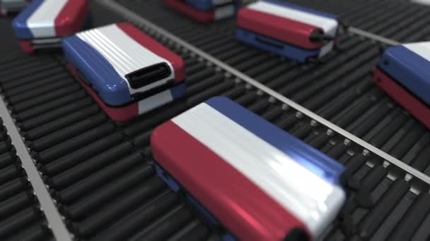 许多旅行手提箱在滚筒传送带上悬挂荷兰国旗。荷兰旅游概念动画 — 图库视频影像