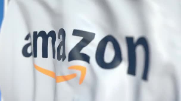 Waving flagga med Amazon logo, närbild. Redaktionell loopbar 3D-animering — Stockvideo