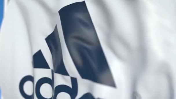 Drapeau arborant le logo Adidas, gros plan. Animation 3D en boucle éditoriale — Video