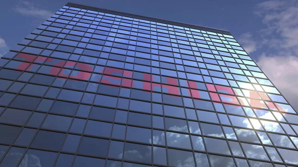 Logo von Toshiba auf einer Medienfassade mit reflektierendem wolkenverhangenem Himmel, redaktionelle 3D-Darstellung — Stockfoto