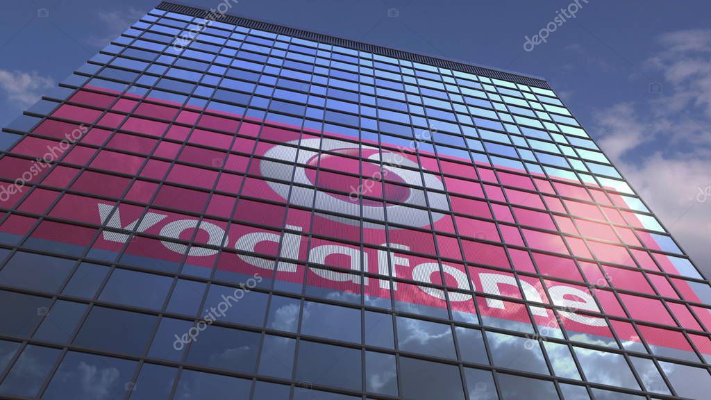 Company logo on modern building against sky background, conceptual editorial 3D