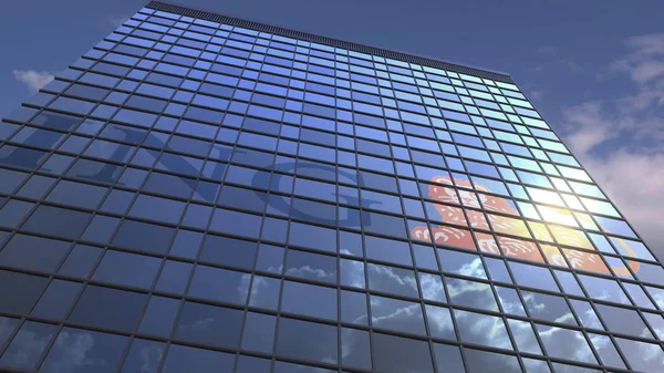 Logo de ING en una fachada mediática con un cielo nublado reflectante, representación editorial en 3D —  Fotos de Stock