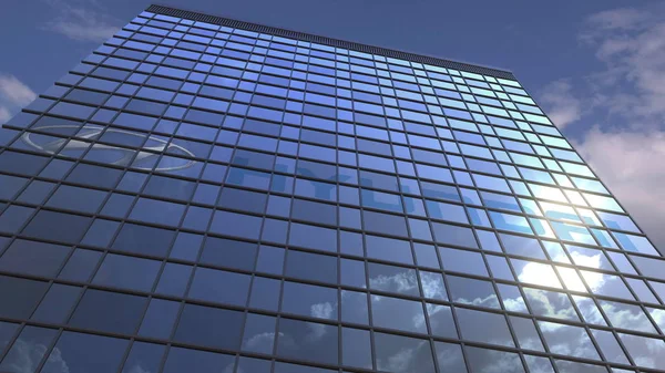 하늘과 구름을 반사 하는 현대 건물에 대 한 현대 로고, 에디 토 리얼 3d 렌더링 — 스톡 사진