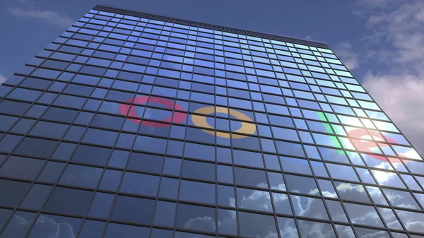 Logo de GOOGLE em uma fachada de mídia com céu nublado refletindo, renderização 3D editorial — Fotografia de Stock
