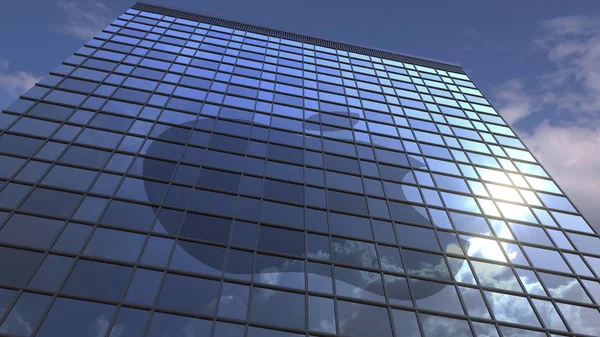 Logotipo de APPLE INC en una fachada mediática con cielo nublado reflectante, representación editorial 3D — Foto de Stock