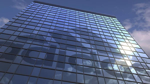 Logotipo de ADIDAS en una fachada mediática con cielo nublado reflectante, representación editorial en 3D —  Fotos de Stock