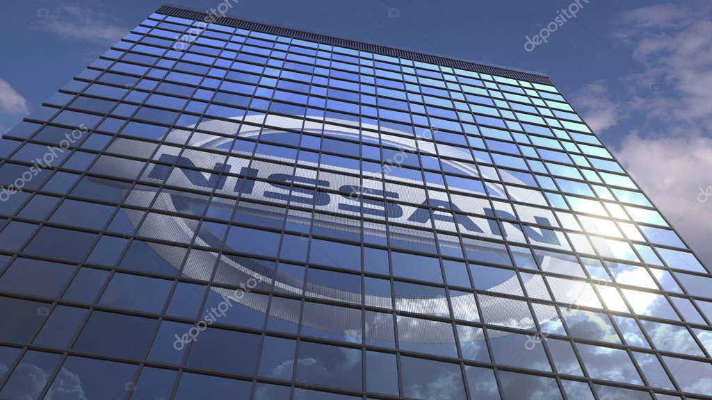 Company logo on modern building against sky background, conceptual editorial 3D