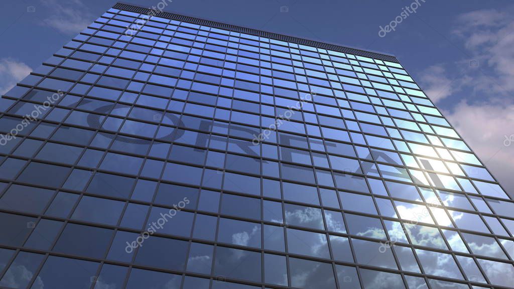 Company logo on modern building against sky background, conceptual editorial 3D