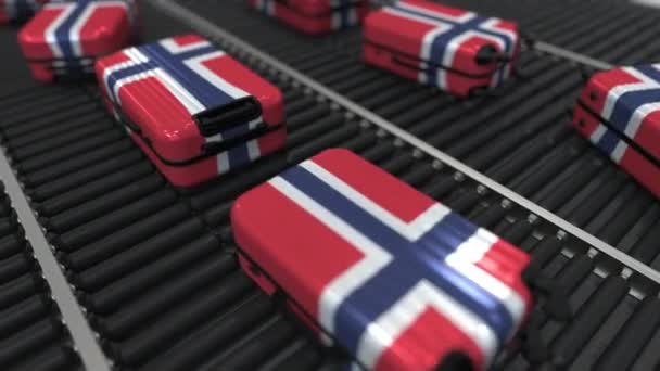 De nombreuses valises de voyage avec drapeau de la Norvège sur convoyeur à rouleaux. Tourisme norvégien animation conceptuelle — Video