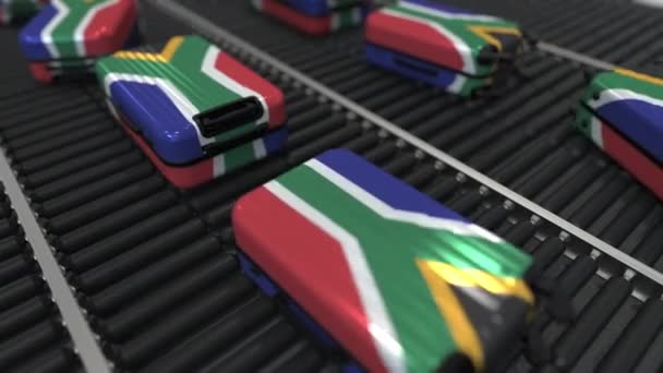 Veel Reiskoffers met vlag van Zuid-Afrika op roller Transporter. Toerisme gerelateerde conceptuele animatie — Stockvideo