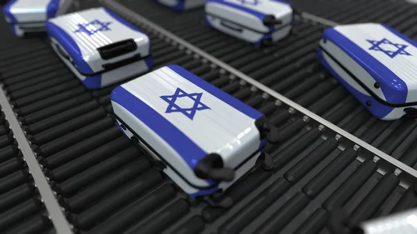 Πολλές ταξιδιωτικές βαλίτσες με σημαία του Ισραήλ. Ισραηλινός τουρισμός εννοιολογική απόδοση 3D — Φωτογραφία Αρχείου