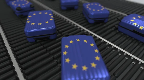 Viele Reisekoffer mit der Flagge der Europäischen Union. eu Tourismus konzeptionelle 3D-Darstellung — Stockfoto