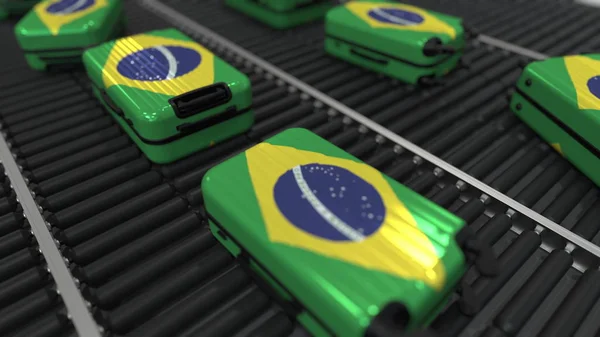 Muchas maletas de viaje con bandera de Brasil. Turismo brasileño renderizado 3D conceptual —  Fotos de Stock