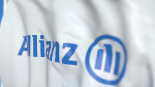 Bandera ondeando con logo Allianz, primer plano. Animación en 3D loopable editorial — Vídeos de Stock