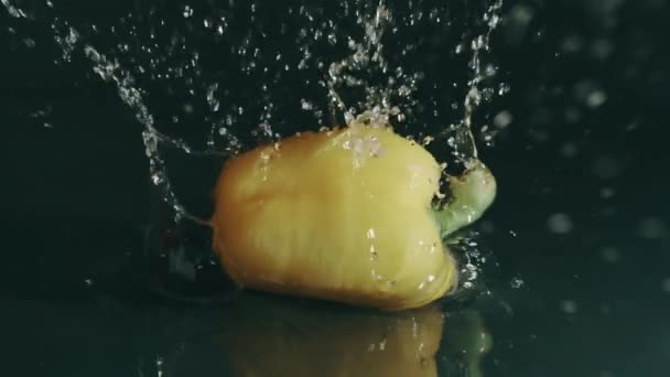 Ein einzelner gelber Paprika plätschert im flachen Wasser. Zeitlupe, Nahaufnahme auf Rot — Stockvideo