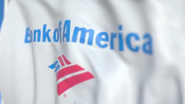 Integetett zászló a Bank of America logó, közeli. Szerkesztőségi loopable 3D animáció — Stock videók
