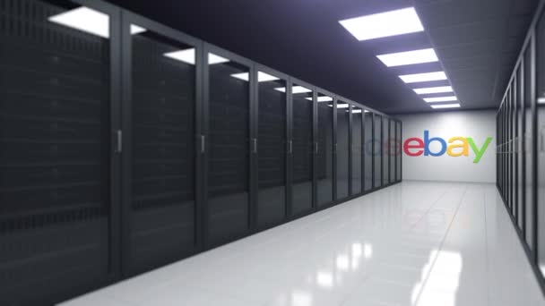 Logótipo EBAY na sala de servidores, animação 3D editorial — Vídeo de Stock