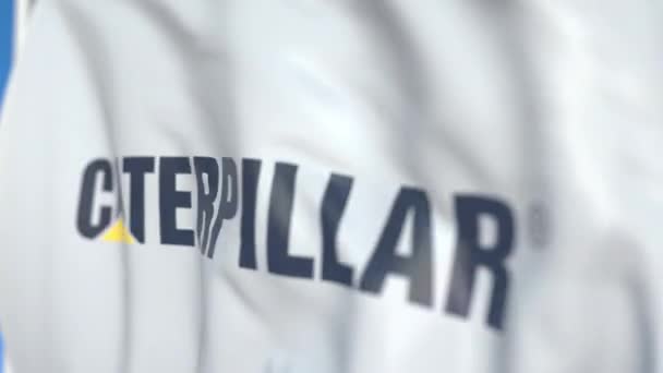 Viftande flagga med Caterpillar Inc. logo, närbild. Redaktionell loopable 3D-animering — Stockvideo