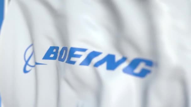 Bandiera sventolata con logo Boeing, primo piano. Animazione 3D loop editoriale — Video Stock