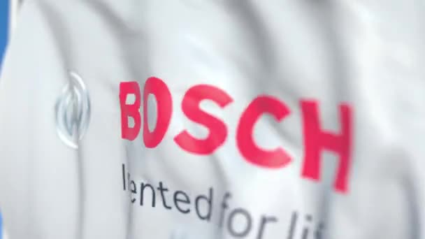 Bandeira ondulada com logotipo da Robert Bosch GmbH, close-up. Editorial loopable animação 3D — Vídeo de Stock