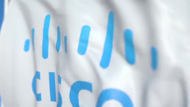 Acenando bandeira com a Cisco Systems, Inc. logotipo, close-up. Editorial loopable animação 3D — Vídeo de Stock