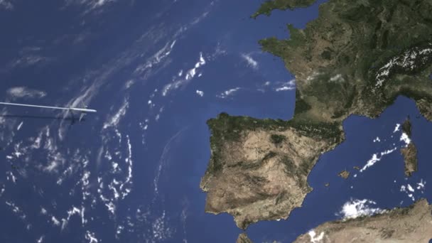 地図上のビルバオ、スペインに飛ぶ民間飛行機のルート。イントロ3Dアニメーション — ストック動画