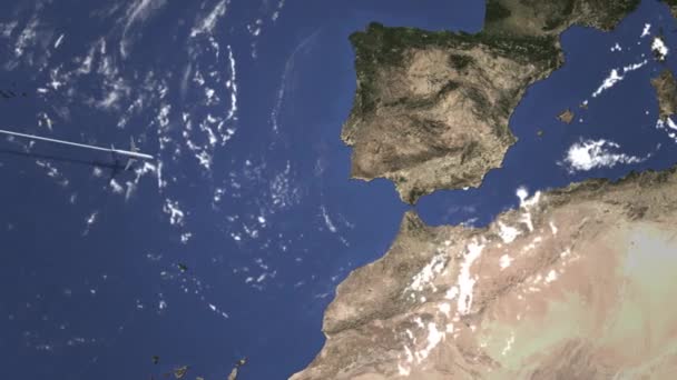 Маршрут коммерческого самолета, летящего в Малагу, Испания на карте. Интро 3D анимация — стоковое видео