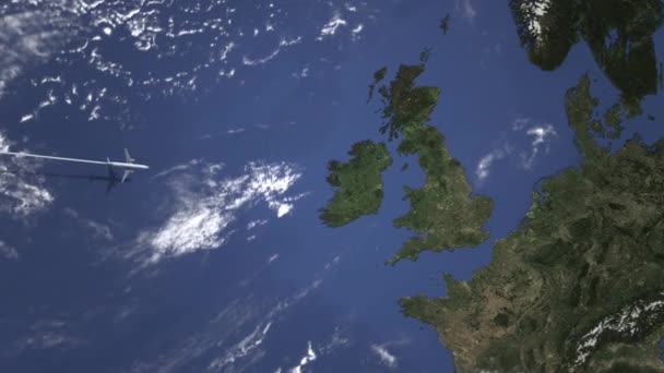 서쪽에서 리버풀, 영국에 비행 비행기. 인트로 3D 애니메이션 — 비디오