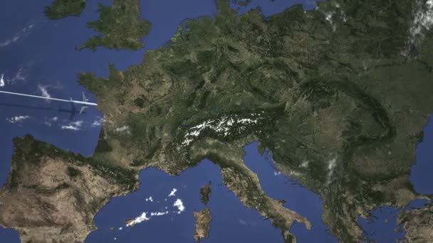 Διαδρομή ενός εμπορικού αεροπλάνου που πετάει προς Γκρατς, Αυστρία στο χάρτη. Εισαγωγή 3D κινουμένων σχεδίων — Αρχείο Βίντεο