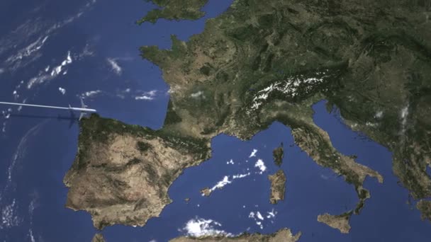 Rota de um avião comercial voando para Gênova, Itália no mapa. Animação 3D de introdução — Vídeo de Stock